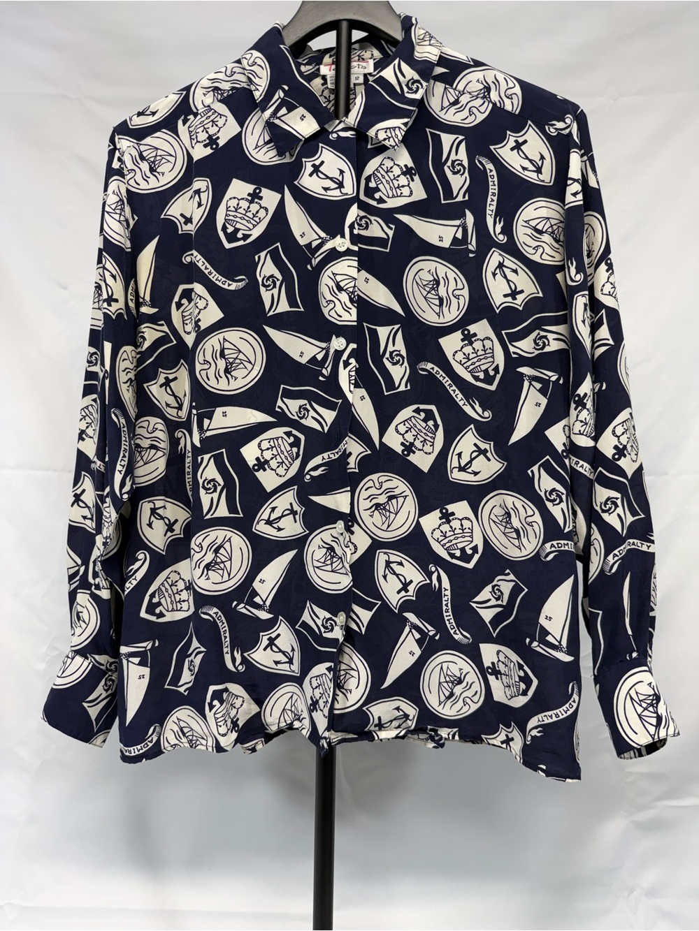 Vintage Talbots 100% Silk Nautical Print Button Front Blouse Size 12